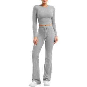 imageYEOREO Two Piece Sets for Women Long Sleeve Tops Lounge Set Drawstring Wide Leg Pants Ava MatchingSlate Gray