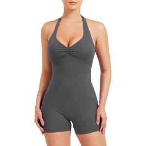 imageYEOREO Women Halter Workout Jumpsuits One Piece Backless Bodycon Bodysuits Hidden Scrunch V Back Yoga Joceline Short RomperCoal