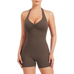 imageYEOREO Women Halter Workout Jumpsuits One Piece Backless Bodycon Bodysuits Hidden Scrunch V Back Yoga Joceline Short RomperCoffee