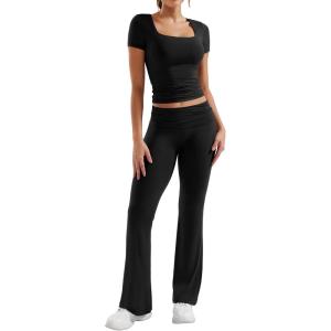 imageYEOREO Women Two Piece Lounge Set Outfits Short Sleeve Foldover Top Flare Pants Tracksuit Casual Sets ErnaBlack
