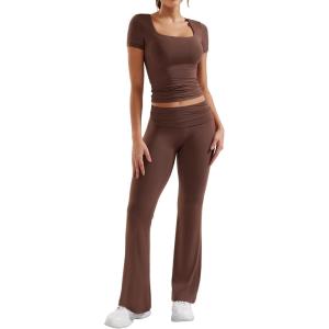 imageYEOREO Women Two Piece Lounge Set Outfits Short Sleeve Foldover Top Flare Pants Tracksuit Casual Sets ErnaCoffee