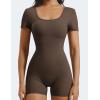 imageYEOREO Short Sleeve Jumpsuit for Women V Back Scrunch Butt Short Bodysuit Lizvette Open Back Workout Romper One Piece BodyconCoffee