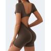 imageYEOREO Short Sleeve Jumpsuit for Women V Back Scrunch Butt Short Bodysuit Lizvette Open Back Workout Romper One Piece BodyconCoffee