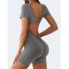 imageYEOREO Short Sleeve Jumpsuit for Women V Back Scrunch Butt Short Bodysuit Lizvette Open Back Workout Romper One Piece BodyconGrey