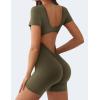 imageYEOREO Short Sleeve Jumpsuit for Women V Back Scrunch Butt Short Bodysuit Lizvette Open Back Workout Romper One Piece BodyconOlive Green