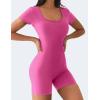 imageYEOREO Short Sleeve Jumpsuit for Women V Back Scrunch Butt Short Bodysuit Lizvette Open Back Workout Romper One Piece BodyconPink