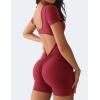 imageYEOREO Short Sleeve Jumpsuit for Women V Back Scrunch Butt Short Bodysuit Lizvette Open Back Workout Romper One Piece BodyconWine