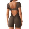 imageYEOREO Short Sleeve Jumpsuit for Women V Back Scrunch Butt Short Bodysuit Lizvette Open Back Workout Romper One Piece BodyconCoffee