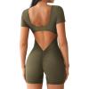 imageYEOREO Short Sleeve Jumpsuit for Women V Back Scrunch Butt Short Bodysuit Lizvette Open Back Workout Romper One Piece BodyconOlive Green