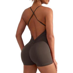 imageYEOREO Backless Tummy Control Jumpsuits for Women One Piece Workout Jumpsuits Sleeveless V Back Lizvette Scrunch Yoga RompersCoffee