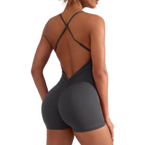 imageYEOREO Backless Tummy Control Jumpsuits for Women One Piece Workout Jumpsuits Sleeveless V Back Lizvette Scrunch Yoga RompersDark Grey