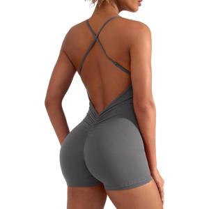 imageYEOREO Backless Tummy Control Jumpsuits for Women One Piece Workout Jumpsuits Sleeveless V Back Lizvette Scrunch Yoga RompersGrey