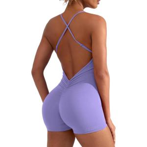 imageYEOREO Backless Tummy Control Jumpsuits for Women One Piece Workout Jumpsuits Sleeveless V Back Lizvette Scrunch Yoga RompersLight Purple