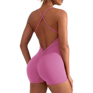 imageYEOREO Backless Tummy Control Jumpsuits for Women One Piece Workout Jumpsuits Sleeveless V Back Lizvette Scrunch Yoga RompersPink
