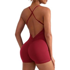 imageYEOREO Backless Tummy Control Jumpsuits for Women One Piece Workout Jumpsuits Sleeveless V Back Lizvette Scrunch Yoga RompersWine Red