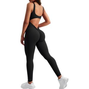 imageYEOREO Long Sleeve Jumpsuit for Women Workout V Back Bodysuit Lizvette Scrunch Leggings One Piece Romper Full Length BodyconBlack