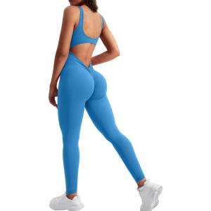 imageYEOREO Long Sleeve Jumpsuit for Women Workout V Back Bodysuit Lizvette Scrunch Leggings One Piece Romper Full Length BodyconBlue