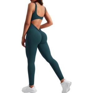 imageYEOREO Long Sleeve Jumpsuit for Women Workout V Back Bodysuit Lizvette Scrunch Leggings One Piece Romper Full Length BodyconBlue Green