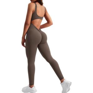 imageYEOREO Long Sleeve Jumpsuit for Women Workout V Back Bodysuit Lizvette Scrunch Leggings One Piece Romper Full Length BodyconCoffee