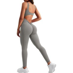 imageYEOREO Long Sleeve Jumpsuit for Women Workout V Back Bodysuit Lizvette Scrunch Leggings One Piece Romper Full Length BodyconLight Grey