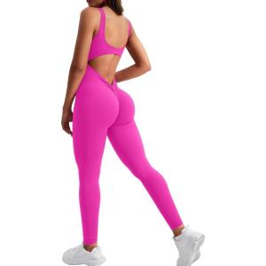 imageYEOREO Long Sleeve Jumpsuit for Women Workout V Back Bodysuit Lizvette Scrunch Leggings One Piece Romper Full Length BodyconRose Red