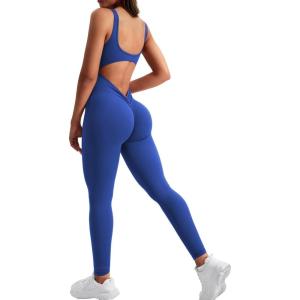 imageYEOREO Long Sleeve Jumpsuit for Women Workout V Back Bodysuit Lizvette Scrunch Leggings One Piece Romper Full Length BodyconRoyal Blue