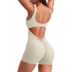 imageYEOREO One Piece Workout Jumpsuits for Women Backless Tummy Control Sleeveless Jumpsuits Lizvette V Back Scrunch Yoga RomperBeige