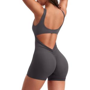 imageYEOREO One Piece Workout Jumpsuits for Women Backless Tummy Control Sleeveless Jumpsuits Lizvette V Back Scrunch Yoga RomperDark Grey