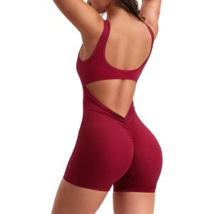 imageYEOREO One Piece Workout Jumpsuits for Women Backless Tummy Control Sleeveless Jumpsuits Lizvette V Back Scrunch Yoga RomperWine Red