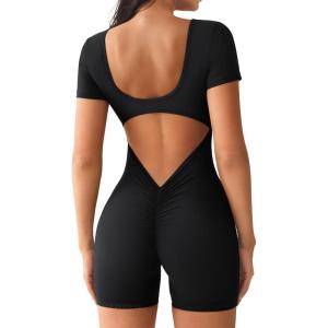 imageYEOREO Short Sleeve Jumpsuit for Women V Back Scrunch Butt Short Bodysuit Lizvette Open Back Workout Romper One Piece BodyconBlack