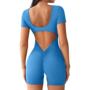 imageYEOREO Short Sleeve Jumpsuit for Women V Back Scrunch Butt Short Bodysuit Lizvette Open Back Workout Romper One Piece BodyconBlue