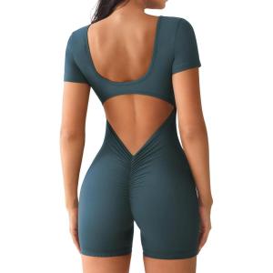 imageYEOREO Short Sleeve Jumpsuit for Women V Back Scrunch Butt Short Bodysuit Lizvette Open Back Workout Romper One Piece BodyconBlue Green
