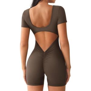 imageYEOREO Short Sleeve Jumpsuit for Women V Back Scrunch Butt Short Bodysuit Lizvette Open Back Workout Romper One Piece BodyconCoffee