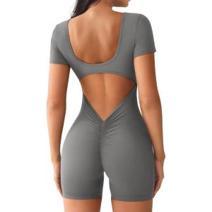 imageYEOREO Short Sleeve Jumpsuit for Women V Back Scrunch Butt Short Bodysuit Lizvette Open Back Workout Romper One Piece BodyconGrey