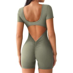 imageYEOREO Short Sleeve Jumpsuit for Women V Back Scrunch Butt Short Bodysuit Lizvette Open Back Workout Romper One Piece BodyconGrey Green