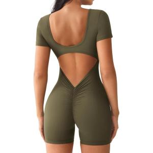 imageYEOREO Short Sleeve Jumpsuit for Women V Back Scrunch Butt Short Bodysuit Lizvette Open Back Workout Romper One Piece BodyconOlive Green