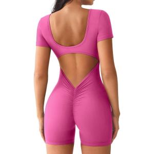 imageYEOREO Short Sleeve Jumpsuit for Women V Back Scrunch Butt Short Bodysuit Lizvette Open Back Workout Romper One Piece BodyconPink