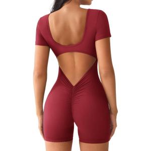 imageYEOREO Short Sleeve Jumpsuit for Women V Back Scrunch Butt Short Bodysuit Lizvette Open Back Workout Romper One Piece BodyconWine