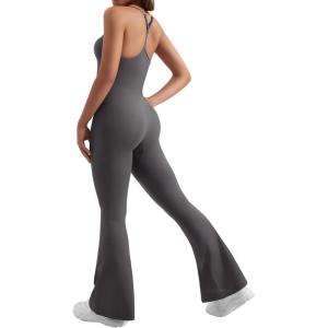 imageYEOREO One Piece Jumpsuit for Women 31quot Inseam Vais Sleeveless Sexy Y Back Bodycon Flare Leg Full Length Romper PlaysuitsDark Grey