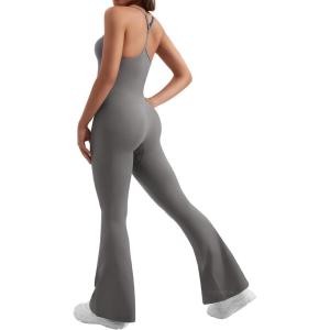 imageYEOREO One Piece Jumpsuit for Women 31quot Inseam Vais Sleeveless Sexy Y Back Bodycon Flare Leg Full Length Romper PlaysuitsGrey