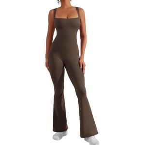 imageYEOREO Women Flare Jumpsuits Gym Sleeveless Square Neck Full Length Yoga JumpsuitCoffee