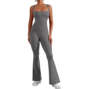 imageYEOREO Women Flare Jumpsuits Gym Sleeveless Square Neck Full Length Yoga JumpsuitGrey