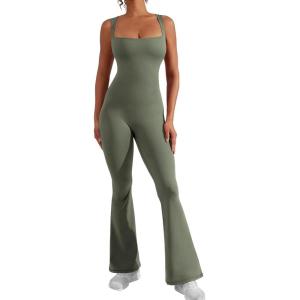 imageYEOREO Women Flare Jumpsuits Gym Sleeveless Square Neck Full Length Yoga JumpsuitGrey Green