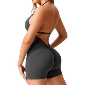 imageYEOREO Workout Jumpsuits Women Tummy Control Short Rompers Taylor One Piece Jumpsuits V Neck Backless BodysuitDark Grey