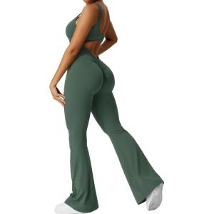 imageYEOREO Women Workout Scrunch Flare Jumpsuits Sexy Backless Butt Lift Gym Yoga JumpsuitsBasil Green