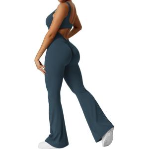 imageYEOREO Women Workout Scrunch Flare Jumpsuits Sexy Backless Butt Lift Gym Yoga JumpsuitsBlue Green