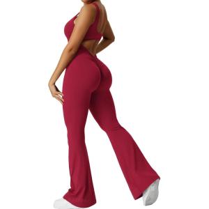 imageYEOREO Women Workout Scrunch Flare Jumpsuits Sexy Backless Butt Lift Gym Yoga JumpsuitsBurgundy