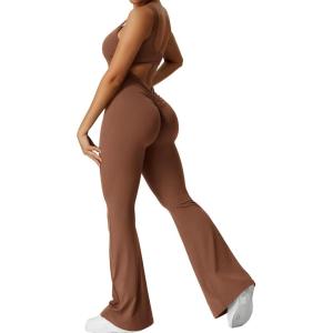 imageYEOREO Women Workout Scrunch Flare Jumpsuits Sexy Backless Butt Lift Gym Yoga JumpsuitsCaramel Brown