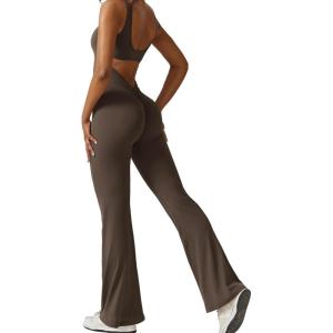 imageYEOREO Women Workout Scrunch Flare Jumpsuits Sexy Backless Butt Lift Gym Yoga JumpsuitsCoffee