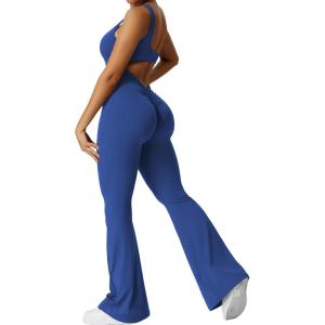 imageYEOREO Women Workout Scrunch Flare Jumpsuits Sexy Backless Butt Lift Gym Yoga JumpsuitsDark Blue